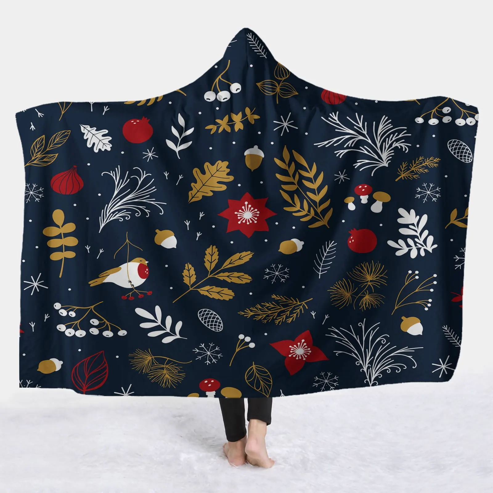 1pc Winter Forest Hooded Blanket Cape Dark Navy Blue & Golden Christmas Snowflake Berry Print Soft Flannel Fleece Bedspread