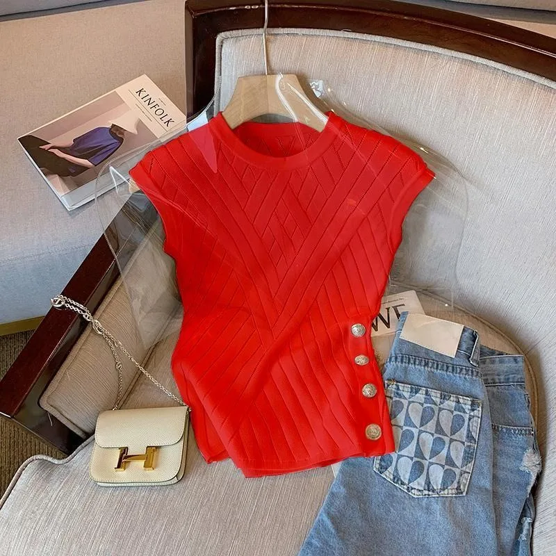 Women Summer Y2K Clothes Sleeveless O Neck Sexy Tanks Camis Crop Vintage Cool Girl Knit Korean Fashion Sweater Tee