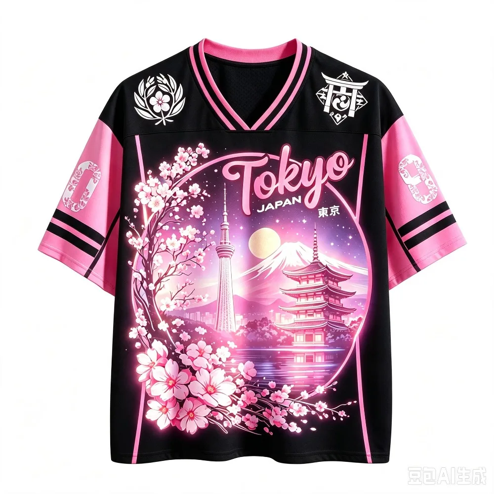 Tokyo Cherry Blossom Mount Fuji Breath Schnelltrocknendes 3D-Druck-T-Shirt mit V-Ausschnitt für Herren und Damen, Outdoor-Freizeitmode, Eltern-Kind-Kleidung – Detail 10