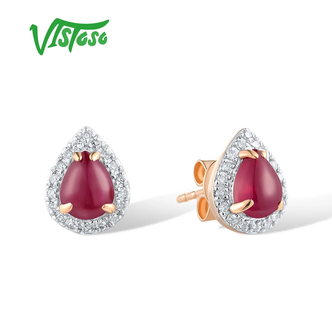 VISTOSO Genuine 14K 585 Rose Gold Stud Earrings For Women Sparkling Diamonds Ruby Elegant Wedding Engagement Chic Fine Jewelry