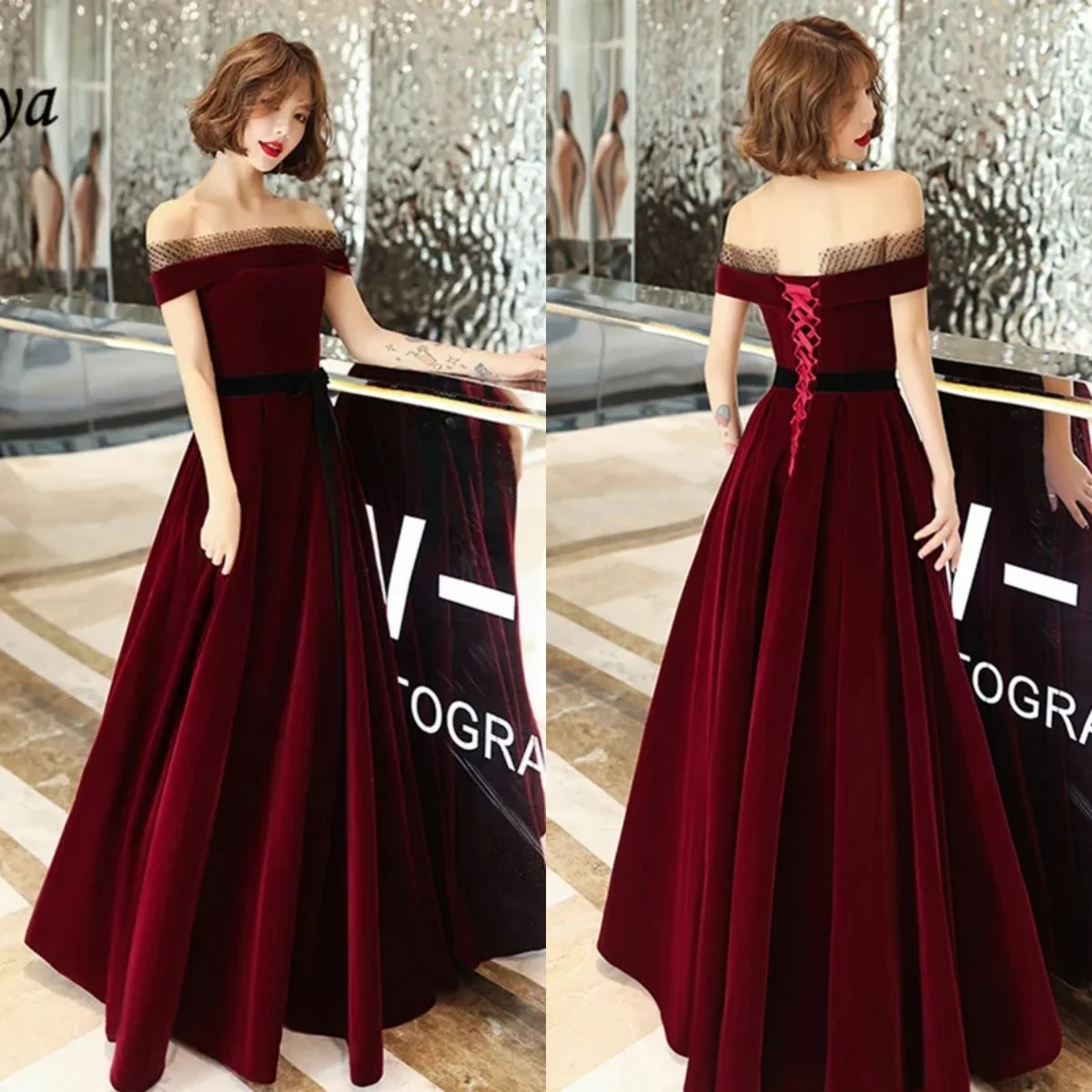 Evening Dress Burgundy Velvet Boat Neck Off Shoulder Lace up A-line Floor-length Plus size Lady Party Formal Gown robe de soiree