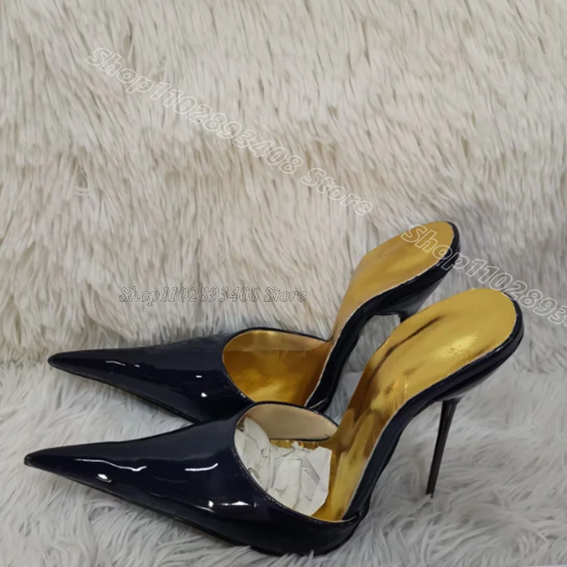 

Blue Patent Leather Metal Heels Slippers Pointed Toe Slip on British Style Summer Party Women Shoes 2025 Zapatos Para Mujere