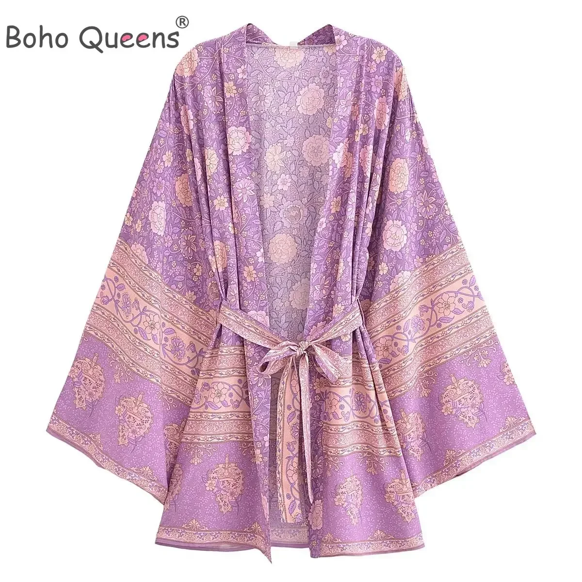 Vestidos Kimono Bohemios de Playa con Estampado Floral Salvaje y Manga Murciélago para Mujer, Marca Boho Queens, con Cuello en V, de Rayón, Cortos, para Cubrir el Bikini