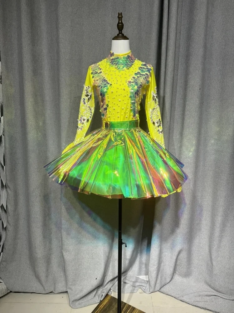 Women's Group Jazz Dance Costume Sequin Top Laser Cut Skirt Christmas Party Festival Outfit Nightclub DJ Stage Gogo Wear
