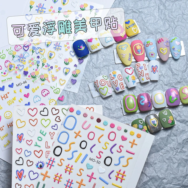 

5d Emboss Nail Art Stickers Candy Curves Flowers Love Letters Hearts Adhesive Sliders Nail Decals For Manicure Tips Accessories