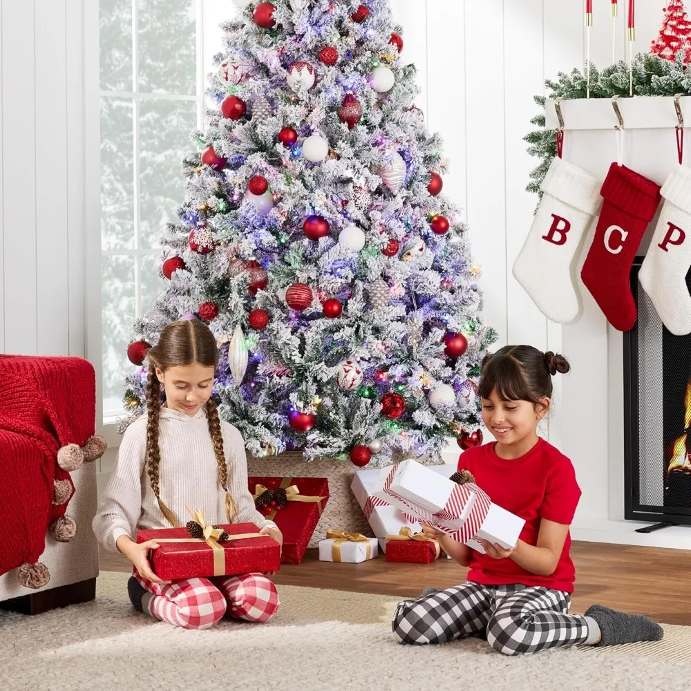 6ft Snowy Flocked Pine Artificial Christmas Tree with Dual Color LED Lights, Full