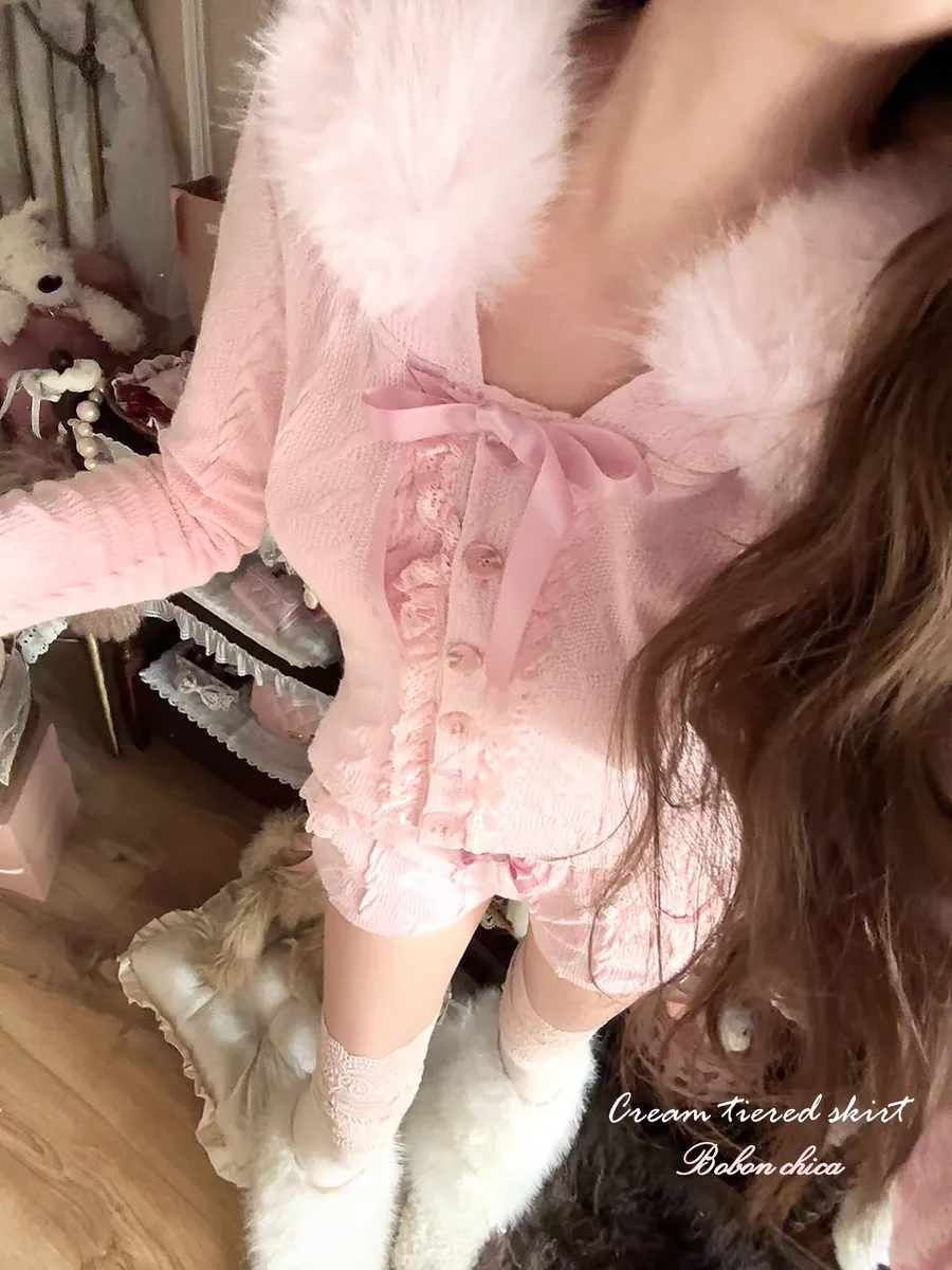 

Princess sweet lolita set bobon21 cute bow Knitted fur collar set TB2385