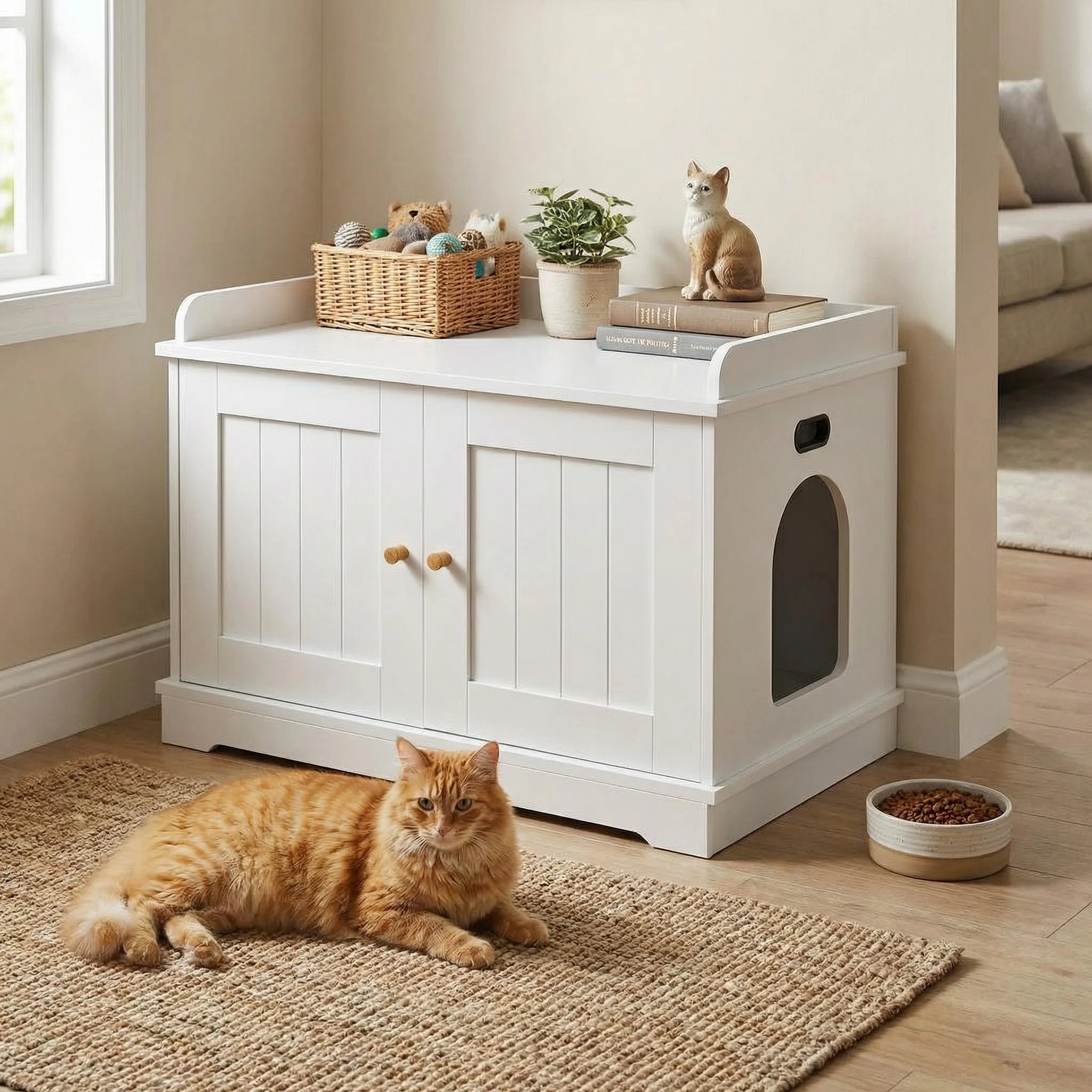 Mobiletto moderno in legno con recinzione per lettiera per gatti, resistente ai cani – Arredamento per bagno nascosto con anta a battente – Tavolino con lettiera per gatti – Adatto alla maggior parte