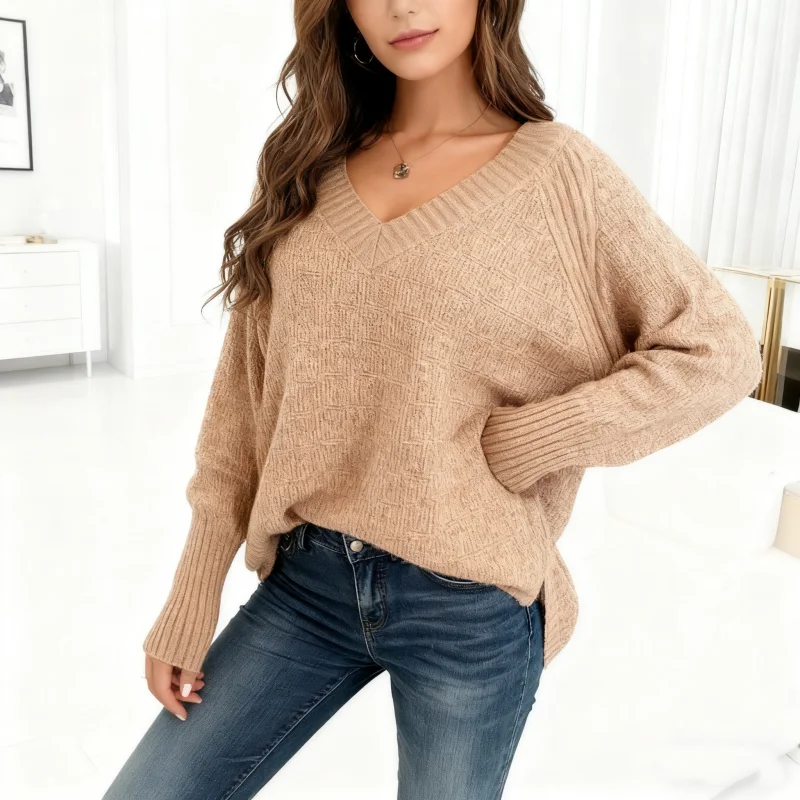 

2025 Autumn Loose Knitted Pullover Sweater Winter V-neck Long Sleeved Women's Knitted Top Casual Elegant Solid Color Knitwear