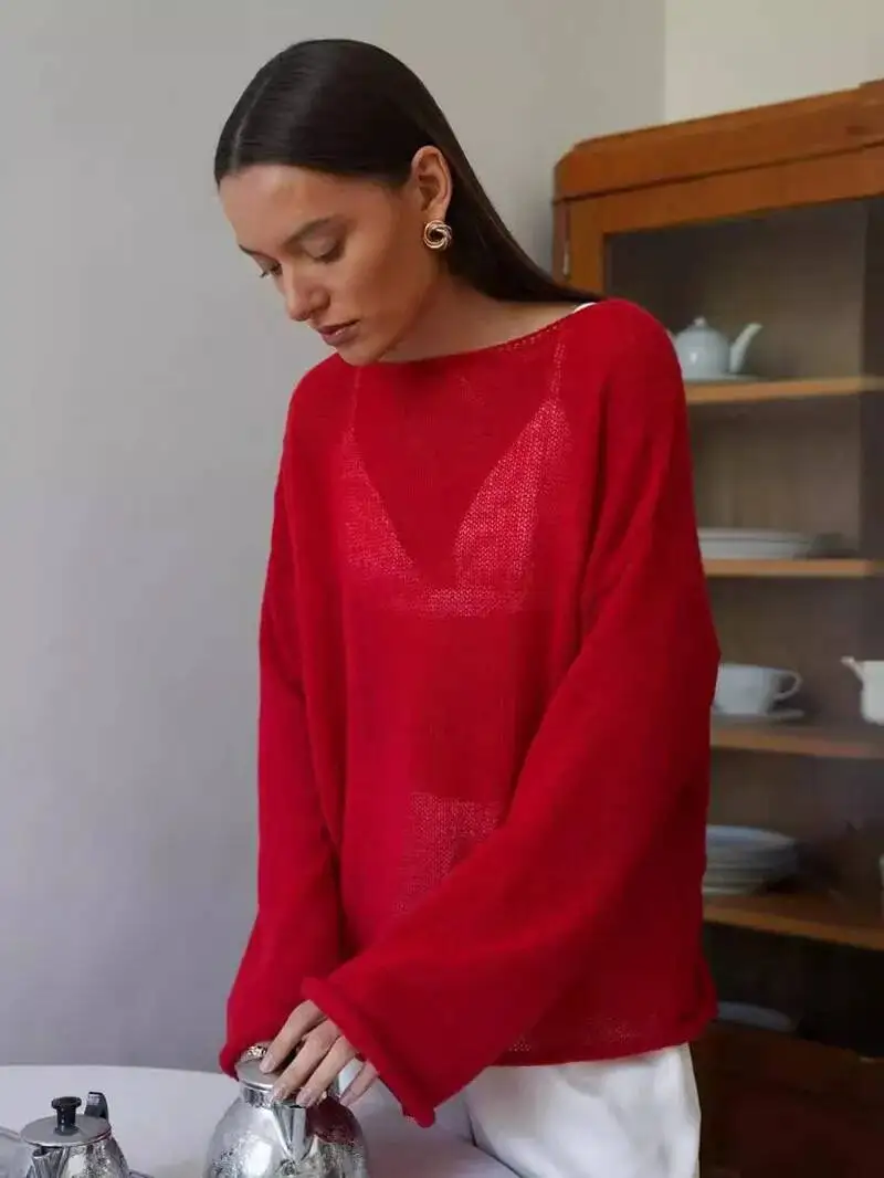 Red T Shirts Oversize Thin Knit Pullover Women Summer Trumpet Long Sleeve T Shirt Women Loose Top Tees Transparent Sweater