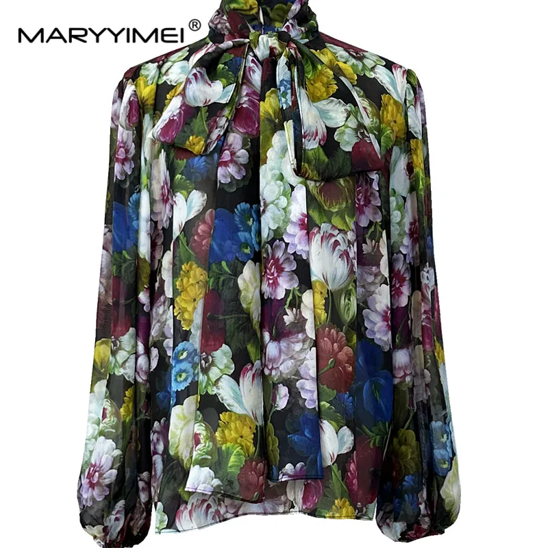 MARYYIMEI Fashion Runway Designer Women\'s 2024 Spring New Scarf Collar Printed Silk Shir+Split Silk Hip Wrap Skirt 2-Piece Set