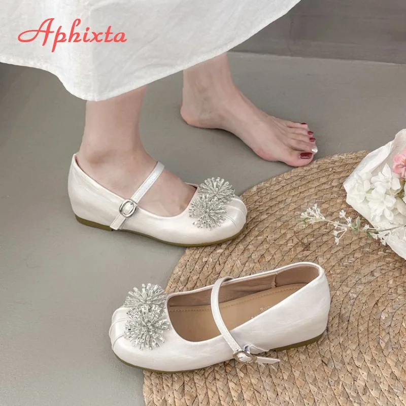 Women Square Toe Mary Jane Flat Shoes 2026 Summer Floral Decor One Strap Buckle Ladies Shoes Elegant Sweet Office Dress Footwear