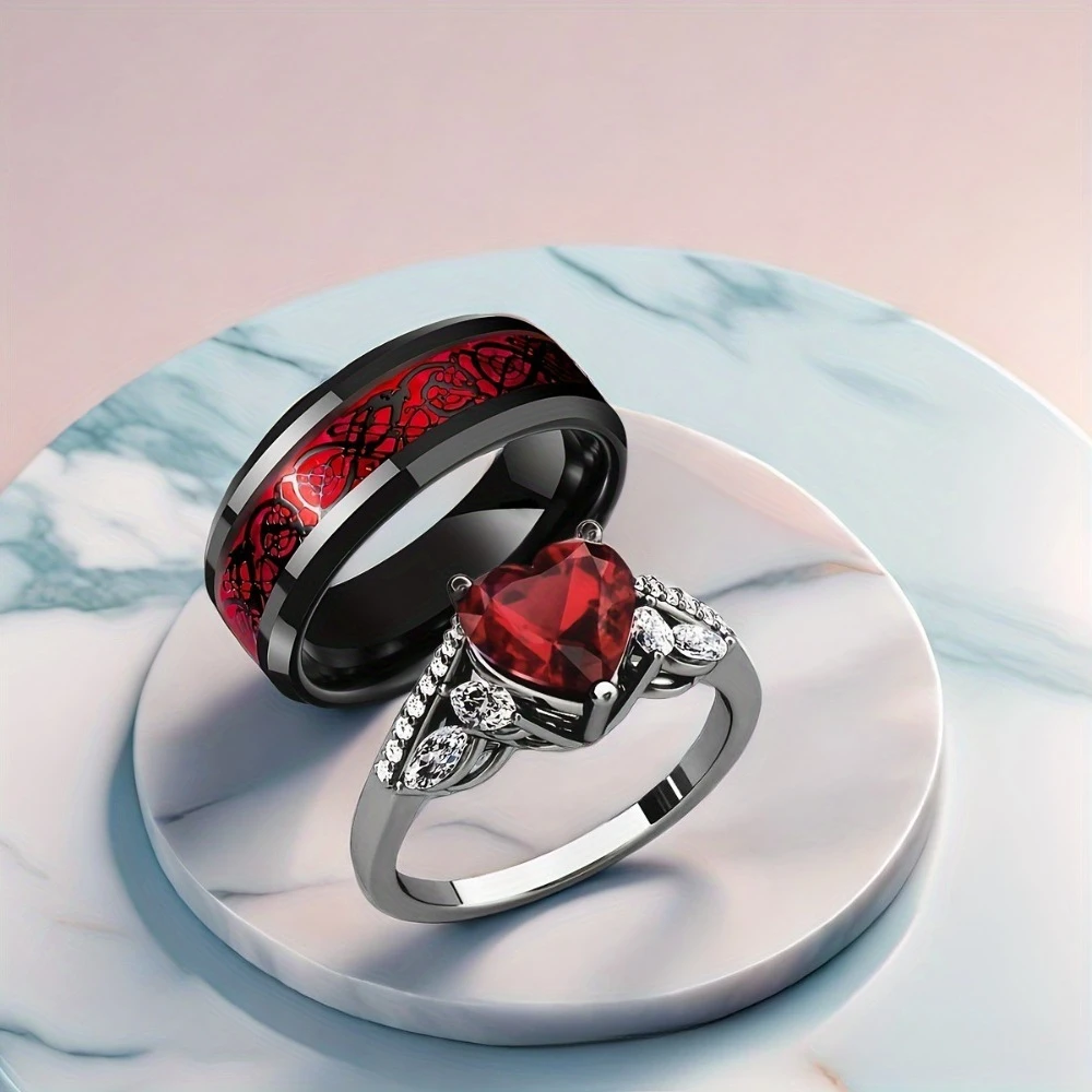 Anillos de pareja con diseño de dragón doble en forma de corazón de circón de cristal rojo con incrustaciones románticas góticas para mujeres y hombres, regalo de joyería brillante de lujo