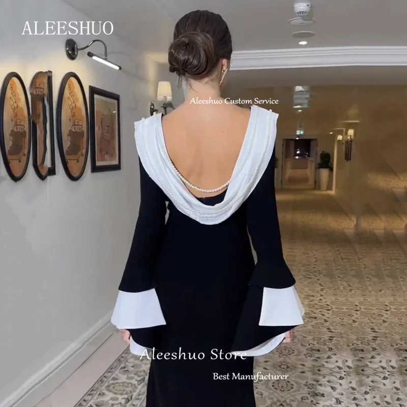 Classic Black Mermaid Evening Dress Sexy Backless Pleat Beading Pearls Formal Women Long Sleeves Prom Party Gowns Customized