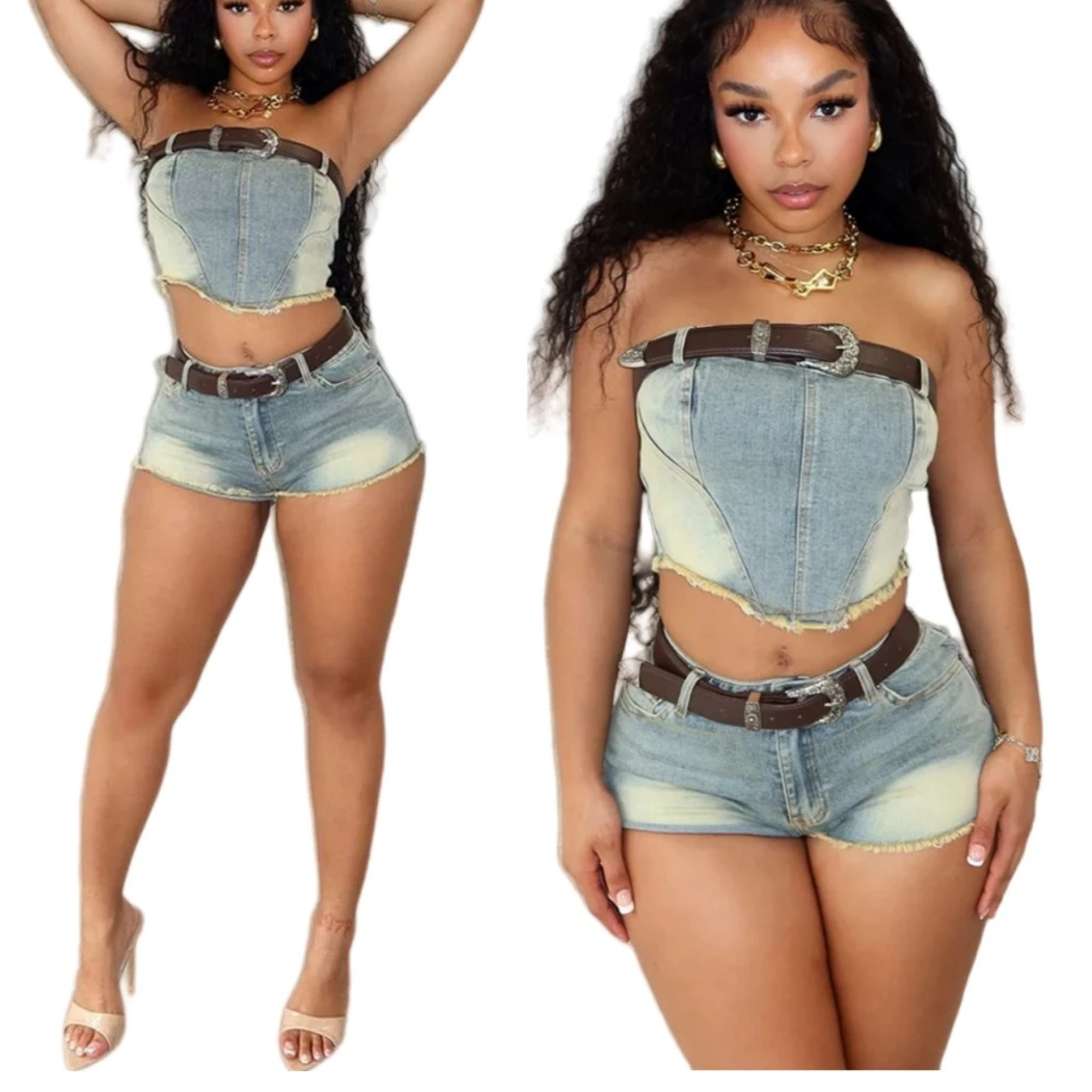 

Denim Pant Set Women Two Piece Sets Strapless Matching Sets Sexy Slim Fit Tops Y2k Streetwear High Waist Short Pants 2025 Summer