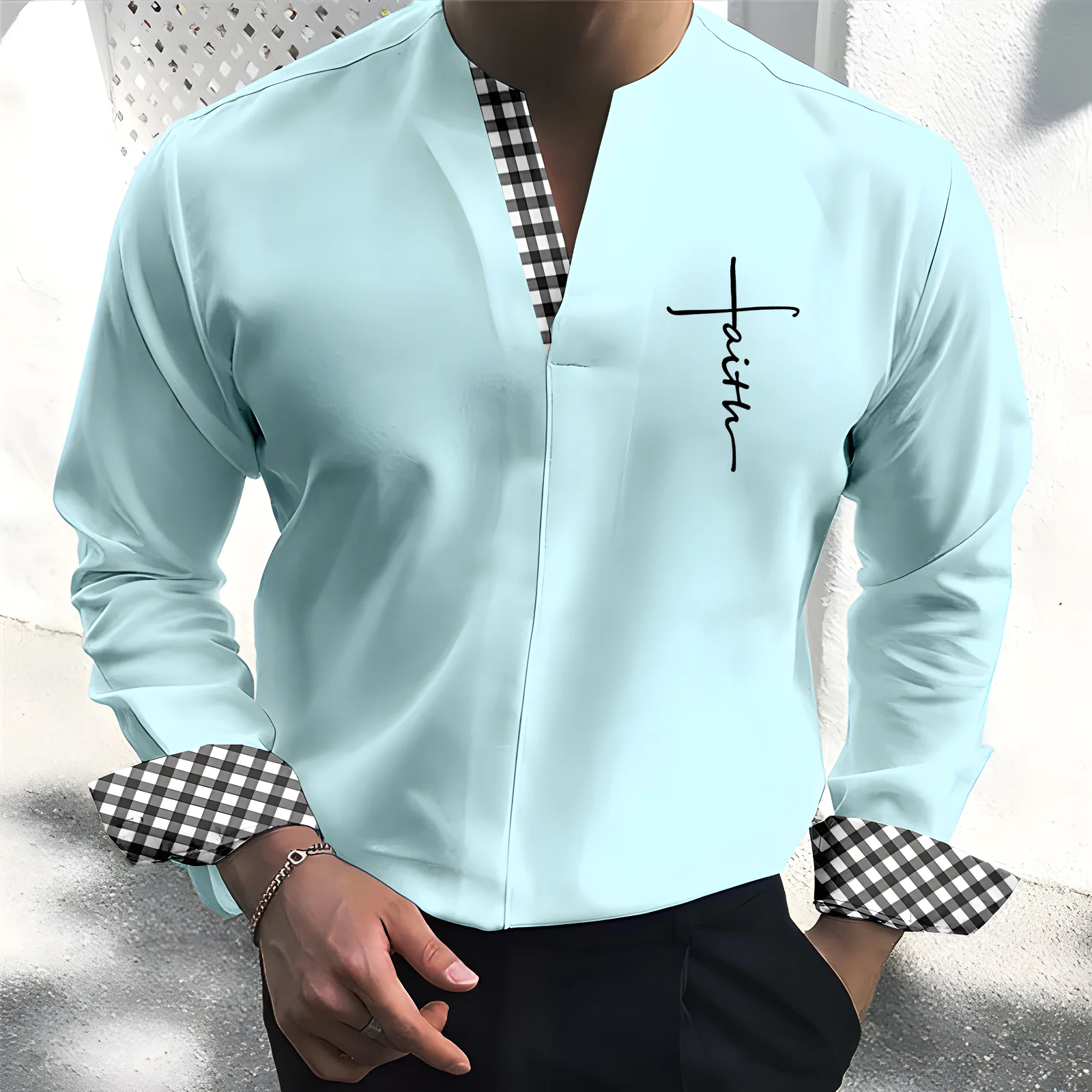 New Fashion V-Neck Solid Shirts Men Shirt Smart Casual Clothes Spring Summer Long Sleeve Tees Tops Men Loose Pullover Streetwear