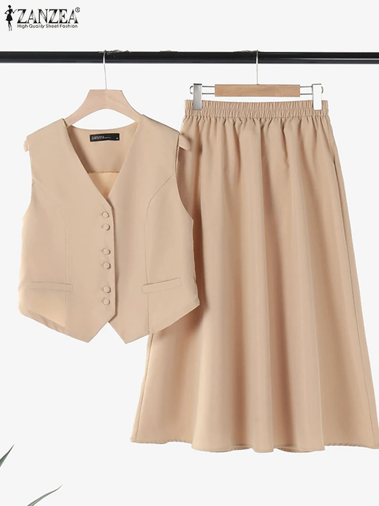 ZANZEA 2025 Summer Women Dress Sets Office Sleeveless Waistcoat Outfits Swing Skirt Two Piece Sets Casual Loose Solid Suits