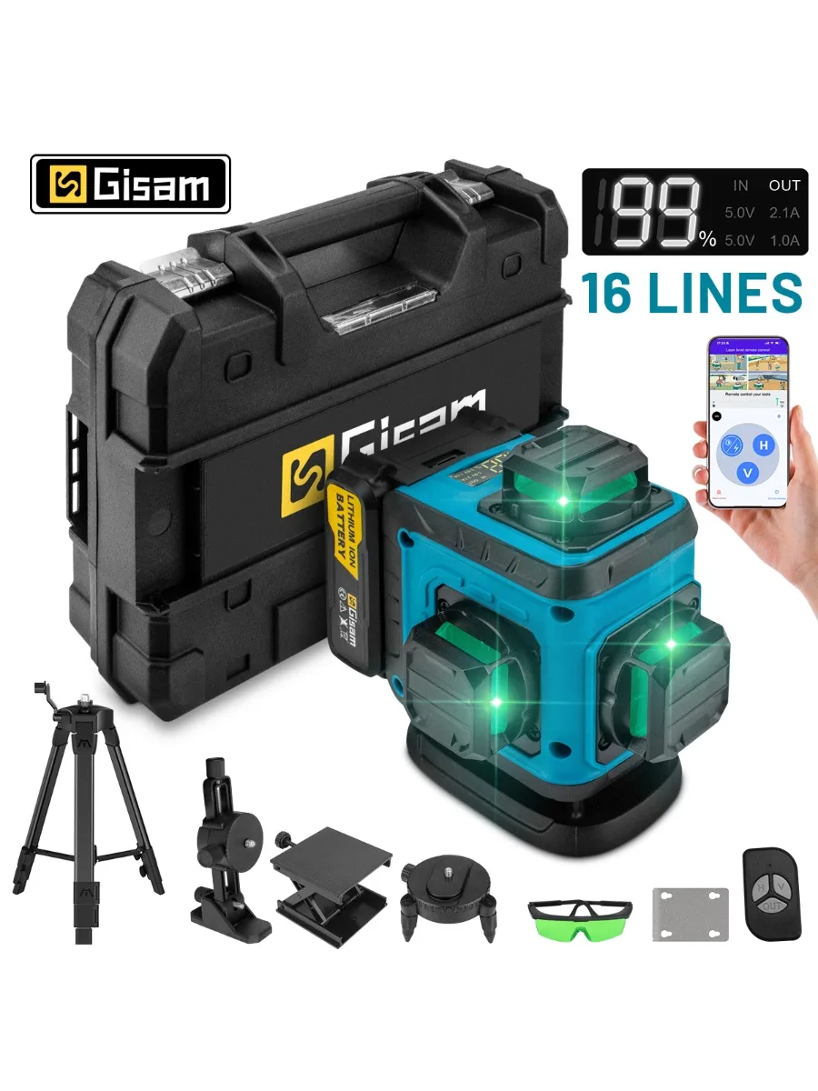 Gisam 16 linii 4D poziom lasera samopoziomujący 360 poziomy i krzyż pionowy super mocny zielony poziom lasera ze statywem — 2