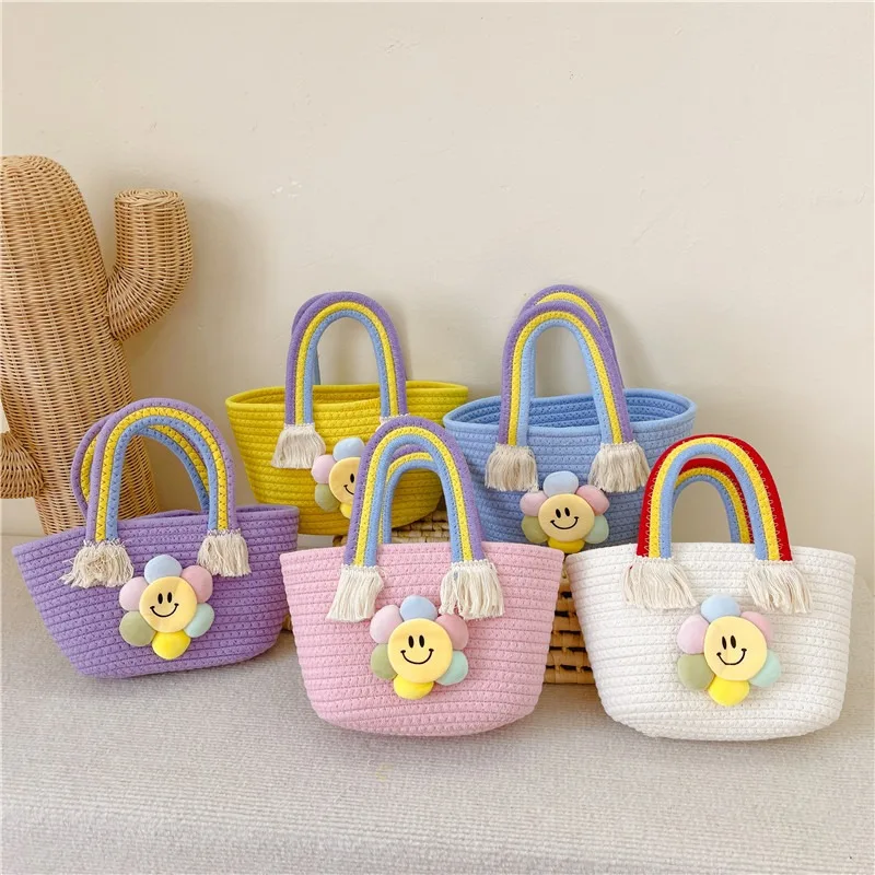 Children's Handbag  Cotton Rope Woven Women's Bag With Gift Basket  Children's Shoulder Bag  Cartoon Rainbow Bag