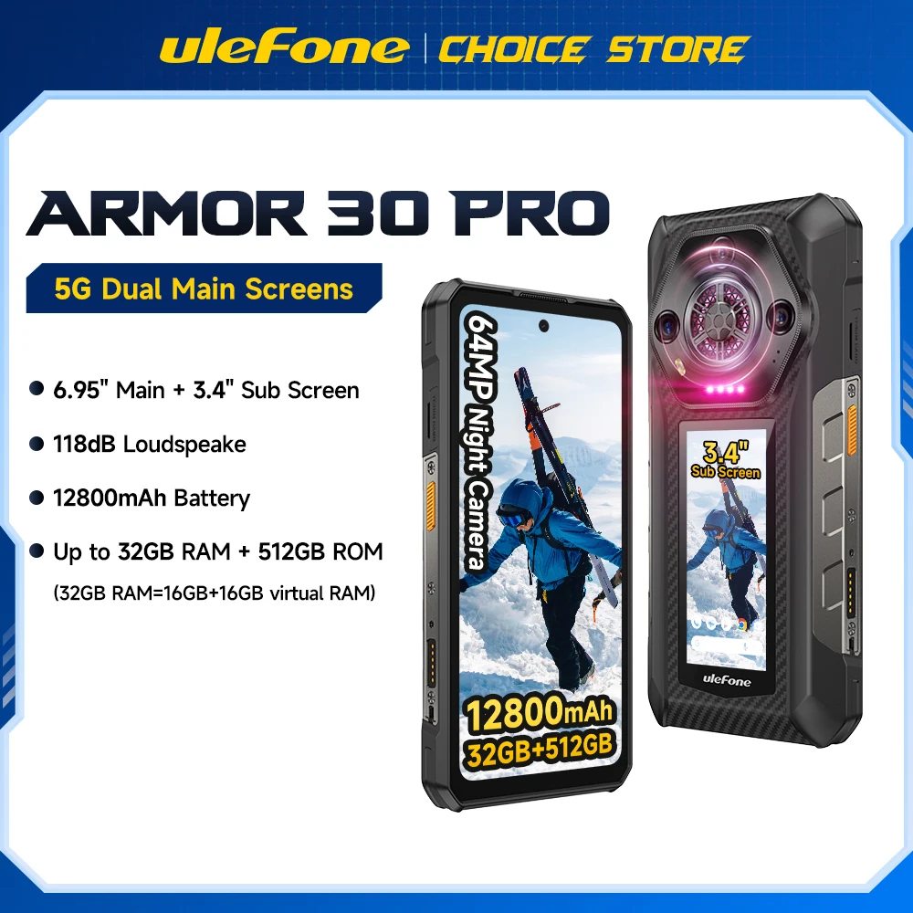 Ulefone Armor 30 Pro 5G Rugged Phone 6.9" 120Hz Up to 32GB + 512GB 12800mAh Night Camera 64MP NFC 66W Android 15 Smartphone