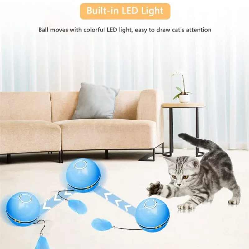 Smart Cat Toy Ball Kitten Colorful Led Feather Bells Automatic Ball Toys for Cats Self Rotating USB Rechargeable Pet Accessories