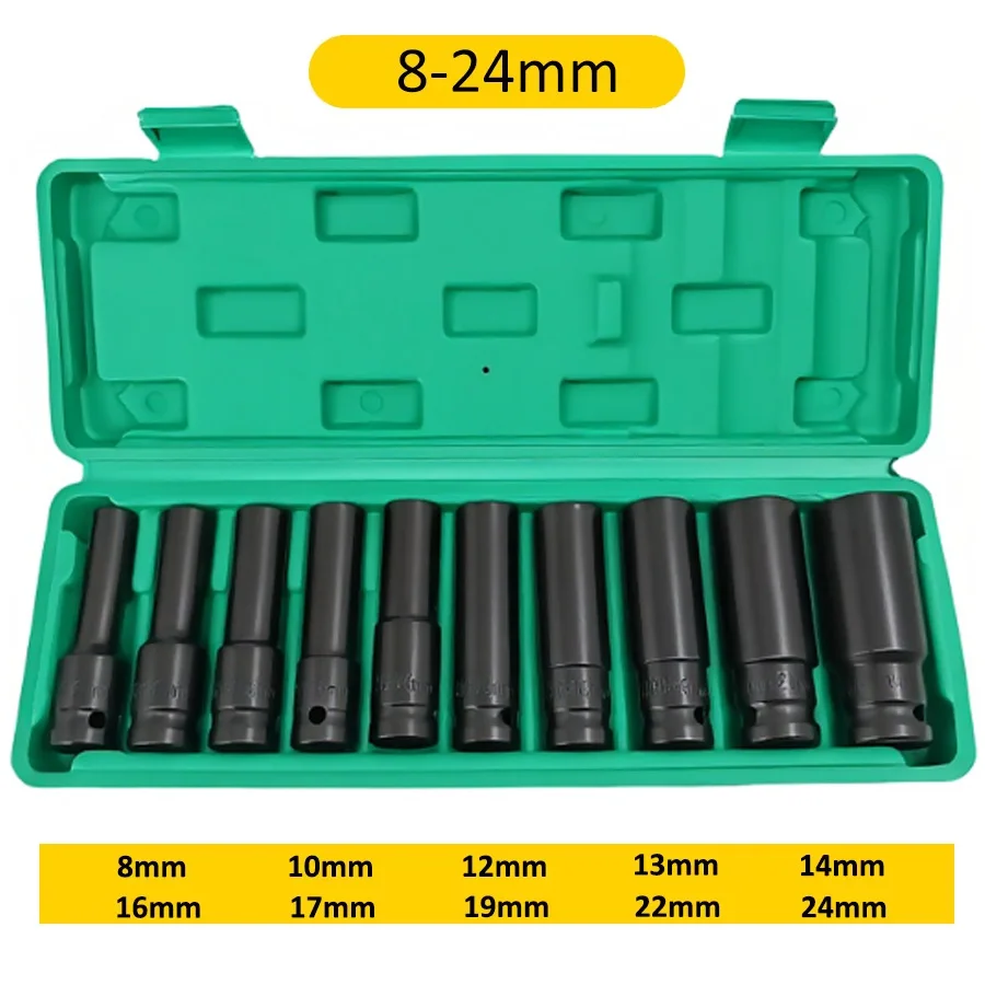 

Набор 6-точечных ударных головок с приводом 1/2 дюйма, 10 шт./компл., 8-24 мм, метрические размеры, набор ударных головок из углеродистой стали с жесткой коробкой для хранения