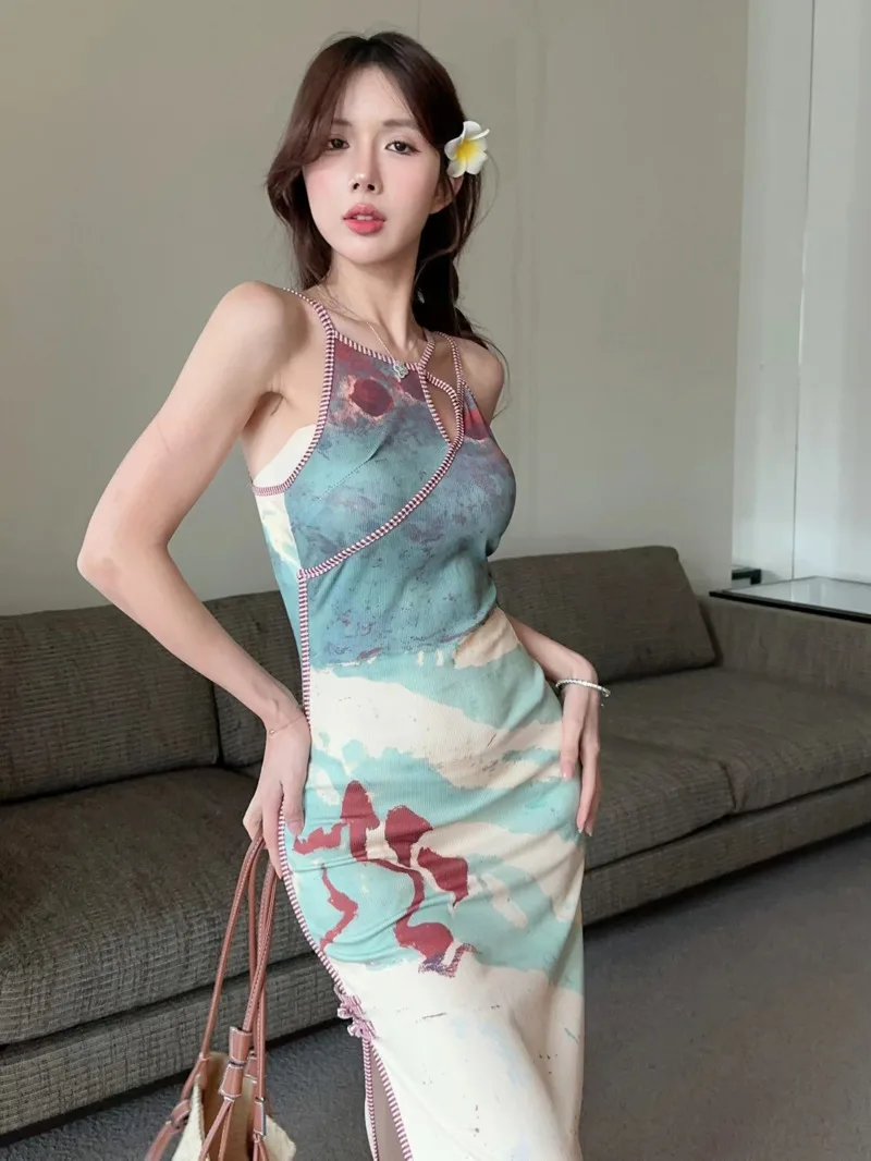 

Elegant Printed New Chinese Design Cheongsam Retro Style Hollowed Out Sleeveless Long Dresses Seaside Vacation Dress 2GDV