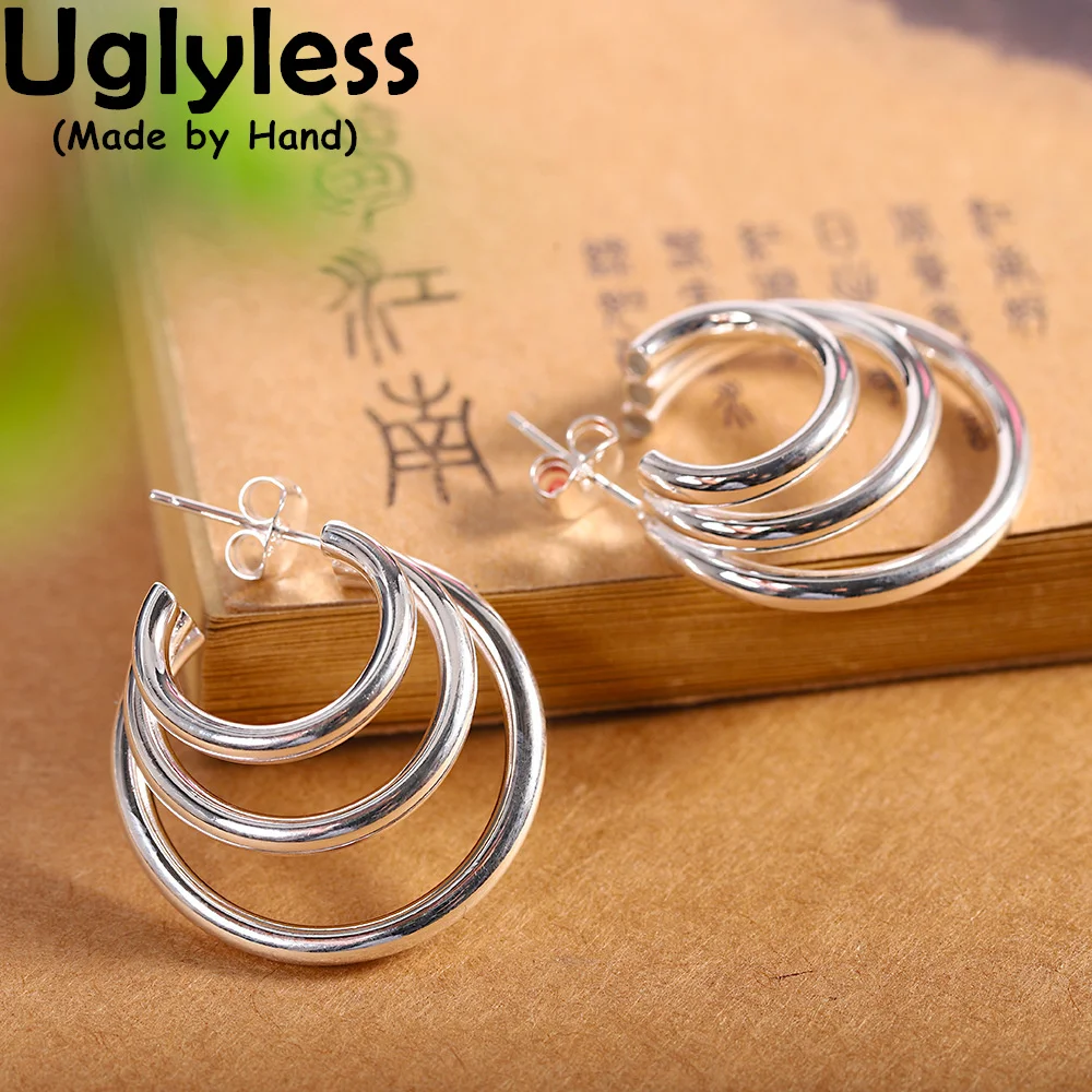 Uglyless Linked Together 3 Circles Studs Earrings Women Simple Fashion Glossy Silver Brincos Real 925 Sterling Silver Earrings