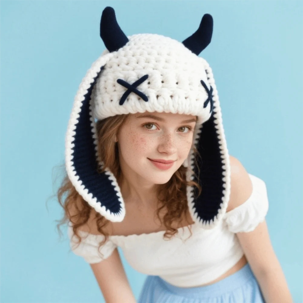 

Trendy Versatile Knitted Beanies Warm Y2K Long Ears Cap Punk Gothic Style Pullover Hat Autumn Winter