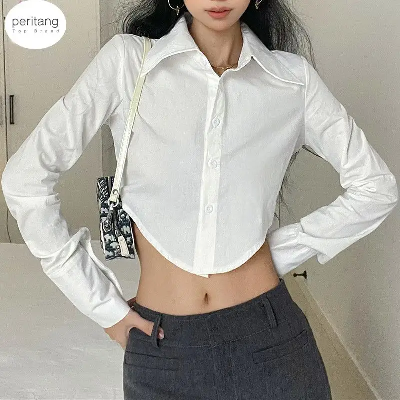 PERITANG 2024 Autumn Winter Women Long Sleeve Solid White Ladies Short Crop Blouse Shirt For Woman Female