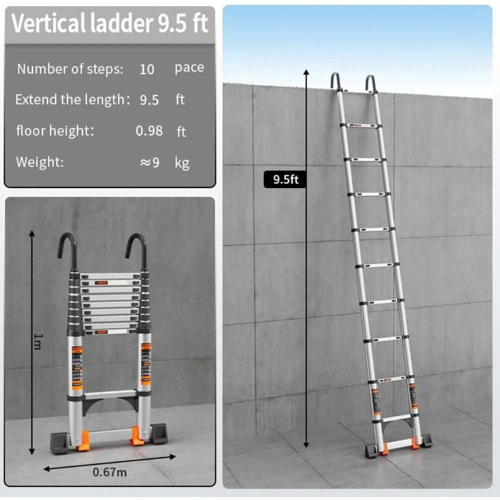 Aluminiowa drabina teleskopowa z stabilizatorem, lekka, przenośna drabina wielofunkcyjna do użytku na zewnątrz i wewnątrz.