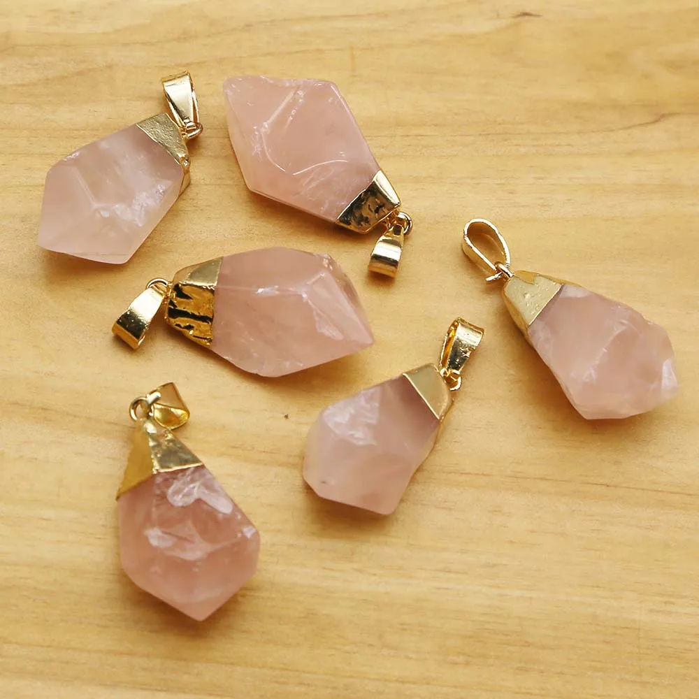 Natural Stone Rose Quartz Gold Plated Irregular Necklace Pendants Charms Fashion Jewelry Makeing Accessories Gift Wholesale 8Pcs