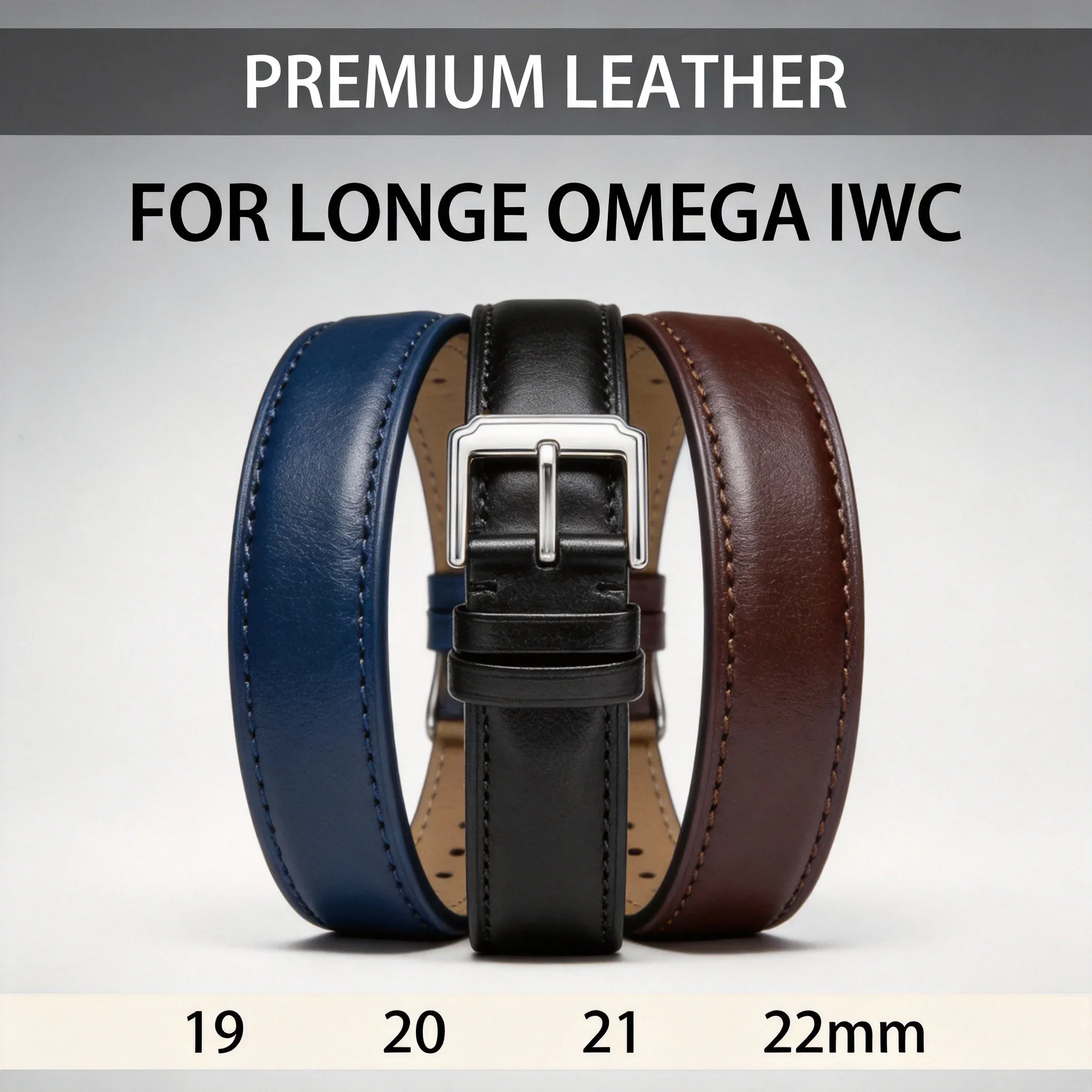 For Men Luxury Watch Band, Full Grain Leather Strap for Omega Longines IWC, 20mm 22mm Deployment Buckle Replacement Strap, Black