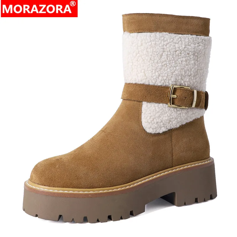 

MORAZORA 2024 New Fashion Nature Wool Snow Boots Zipper Cow Suede Winter Boots Woman Ladies Mixed Colors Ankle Boots