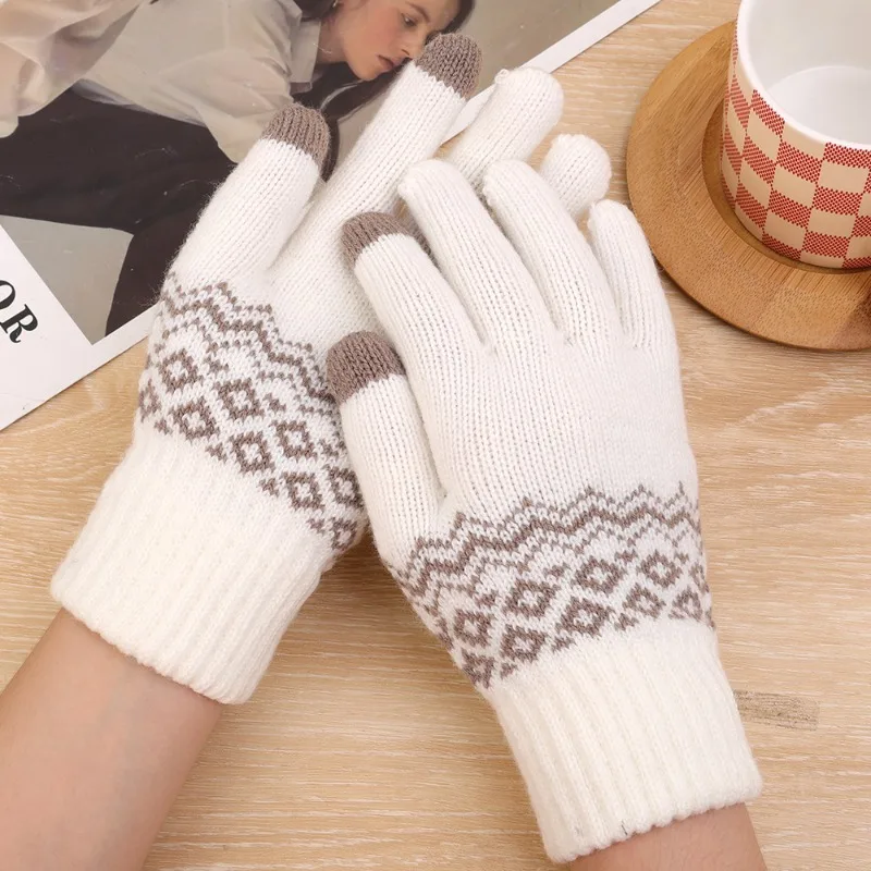 Winter Knitted Touchscreen Warm Gloves Women Men Jacquard Wave Full Finger Gloves Casual Outdoor Sports Running Cycling Mittens