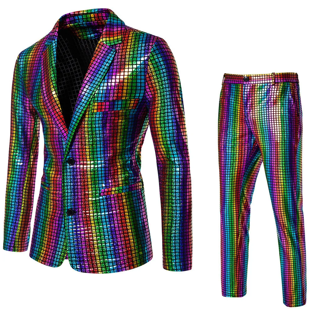 

2026 New Men Sequins Suit 2 Pieces Golden Fashion Male Luxury Dance Party Performance Rainbow Plaid Blazer and Pants Suit