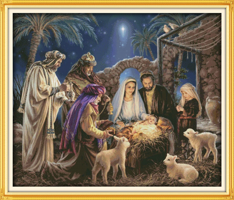 Joy Sunday Pre-printed Cross Stitch Kit  Easy Pattern Aida  Stamped Fabric Embroidery Set-The Birth of Baby Jesus