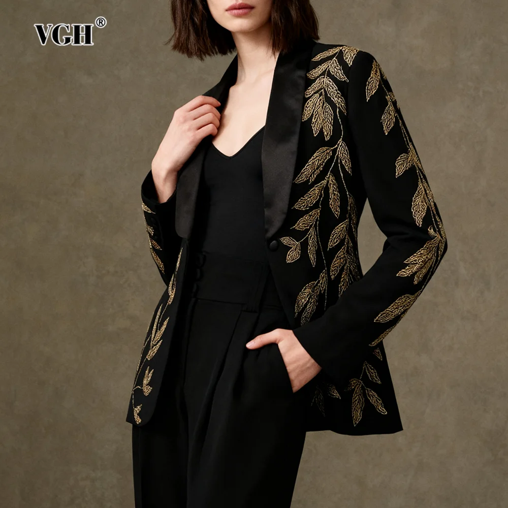 

VGH Office Elegant Slimming Coat for Women Lapel Long Sleeve Patchwork Embroidery Beading Temperament Blazer Female Clothing New