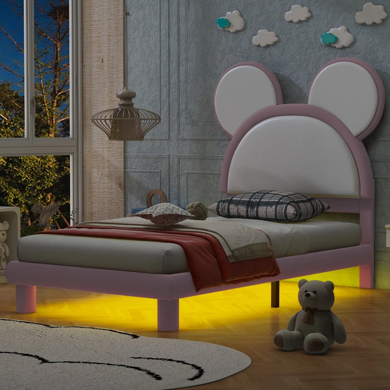 Estofados Plataforma Cama com Cartoon Orelhas Em Forma Cabeceira, LED, Branco e Rosa, Twin Tamanho