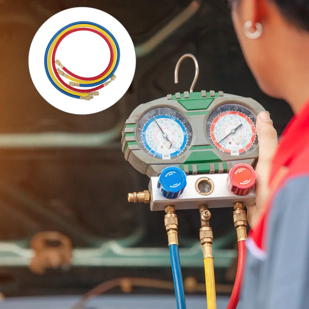 

Набор из 3 шлангов для заправки хладагента для обслуживания автомобильных кондиционеров R134a: простая установка, компактность, портативность, надежная герметизация, безопасность