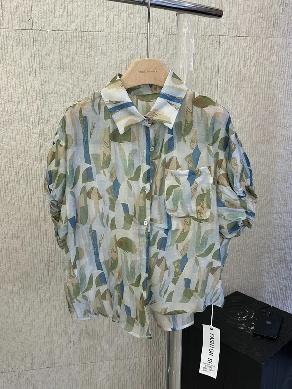 

Весенне-летняя женская рубашка с цветочным принтом и принтом в виде листьев, дизайн с рукавами-фонариками, повседневный стиль, тонкая ткань, приятная для кожи, дышащая футболка