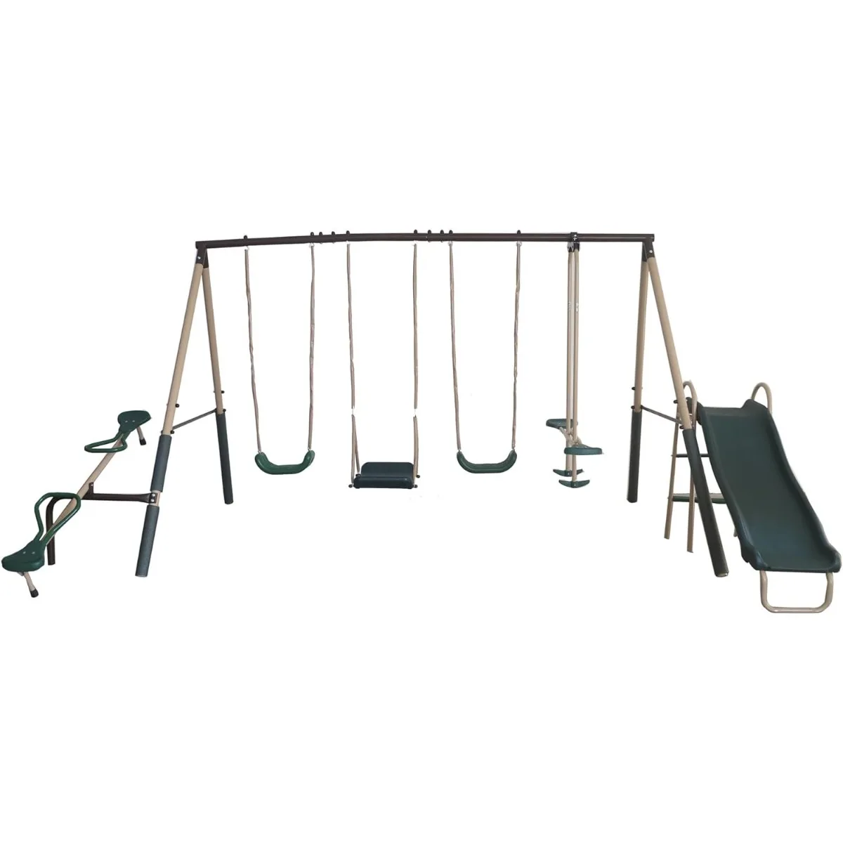 Outdoor Play Kids Metal Backyard Playset Swing Set with 2 Swings, Slide, Stand N Swing, Fun Glider, and See Saw