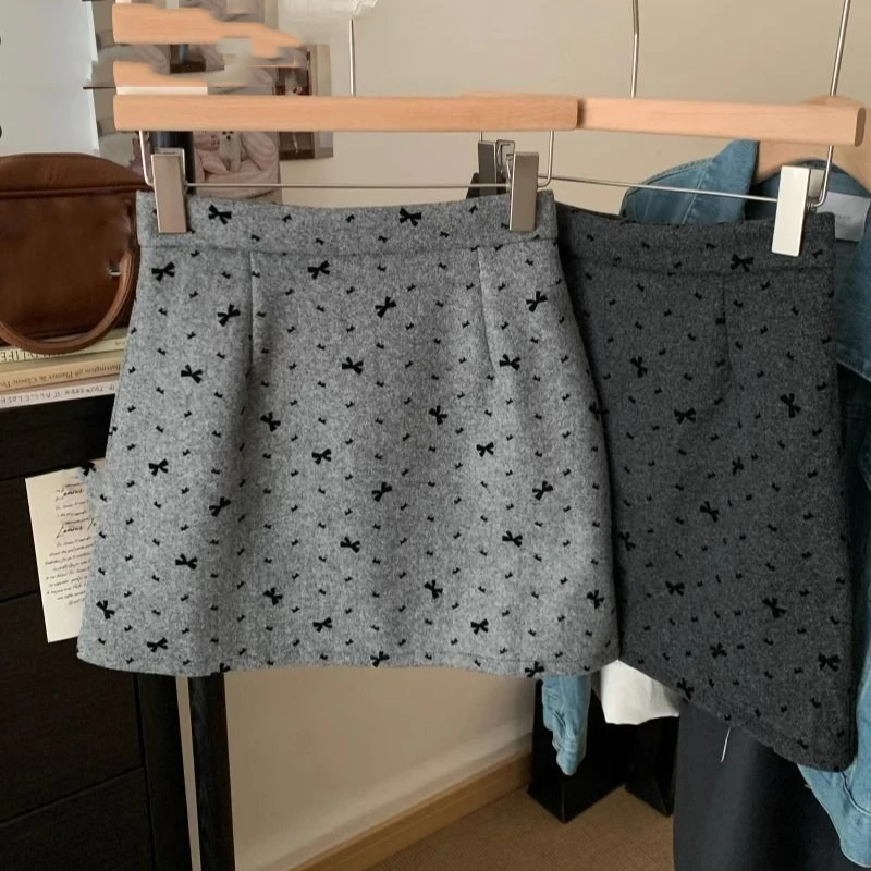 

Grey Bow Printed Woolen Skirt Women 2025 Autumn Winter High Waisted A-line Mini Skirts Korean Retro Sweet Y2k Faldas