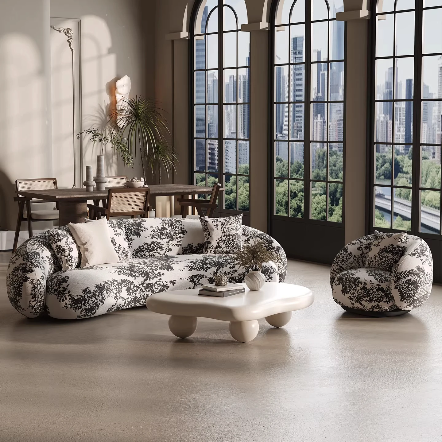 V*-Luxury Modern Arc Printed Fabric Reclining Tufted Sofa Set for Living Room Villa Hotel Lobby & Beauty Salon Reception