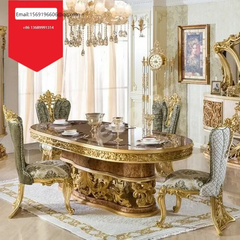 

Custom European solid wood carved French luxury large family villa dining table chair combination household furniture
