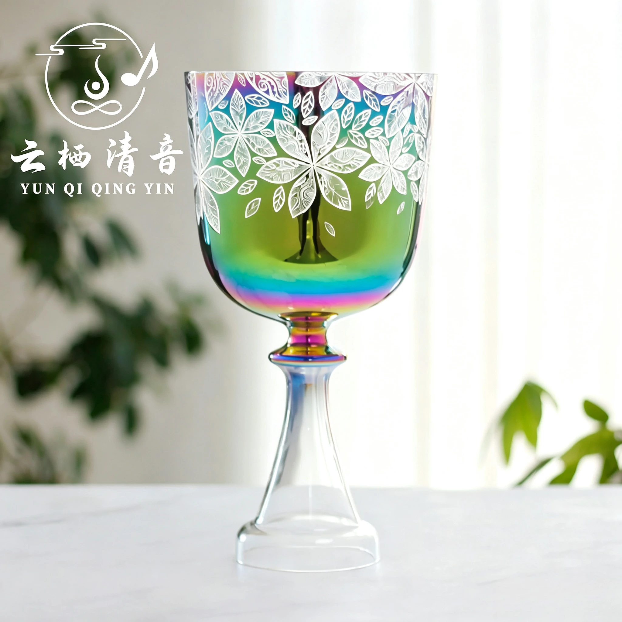 YUN QI QING YIN 5-8.75 Inch Green Hexagonal Flower Pattern Crystal Singing Chalice Bowl Meditation Sound Healing Bowl