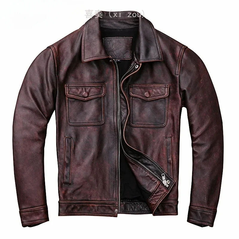 2025 hot-selling first-layer yellow cowhide leather jacket men's locomotive old leather jacket 6xl 100% large size