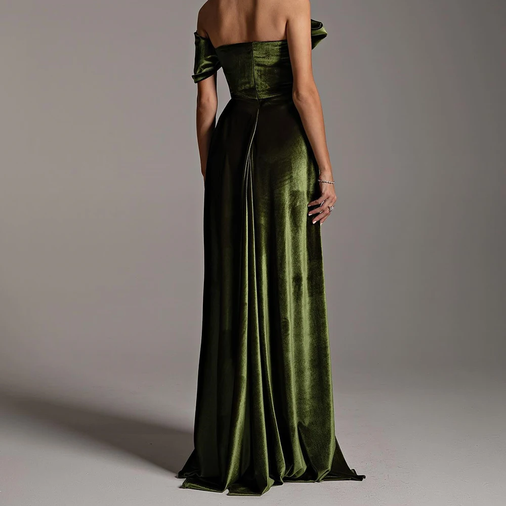 Customized Graceful Velvet Straight One Shoulder Evening Dress Strapless Half Sleeves Floor Length Panel Train Solid Color