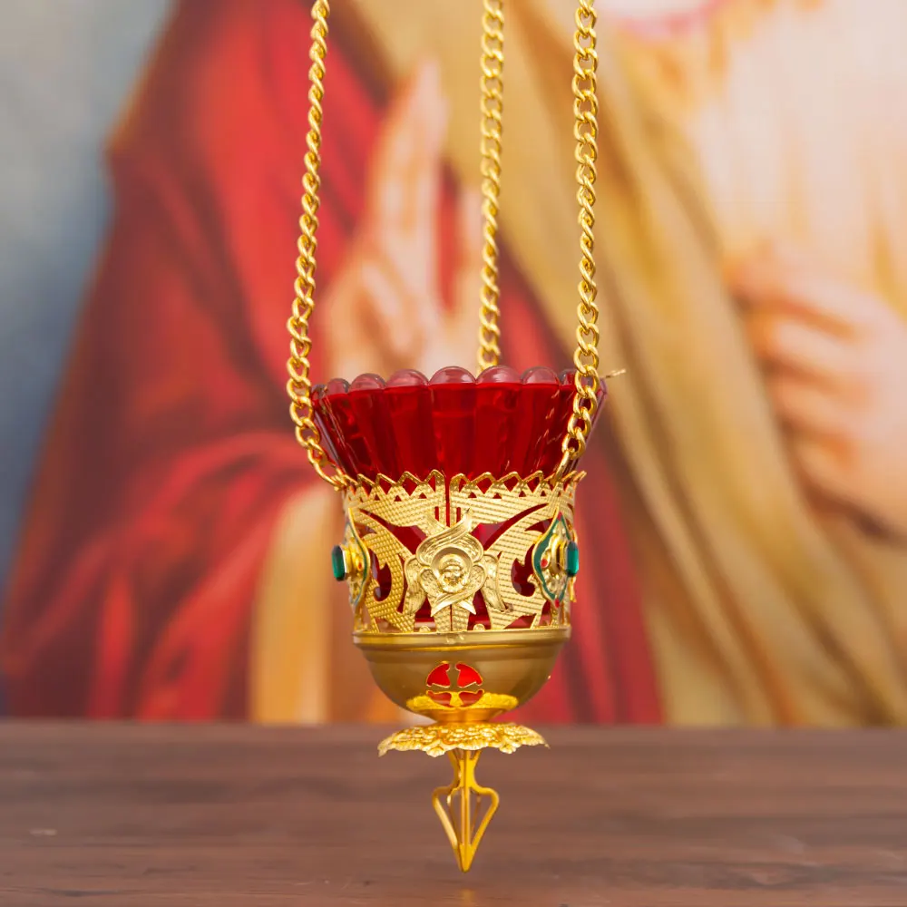 Opulent Byzantine Hanging Church Lamp in Zinc Alloy with Gold Plated Filigree and Ruby Red Glass Shade Church Decor Gift Ideas