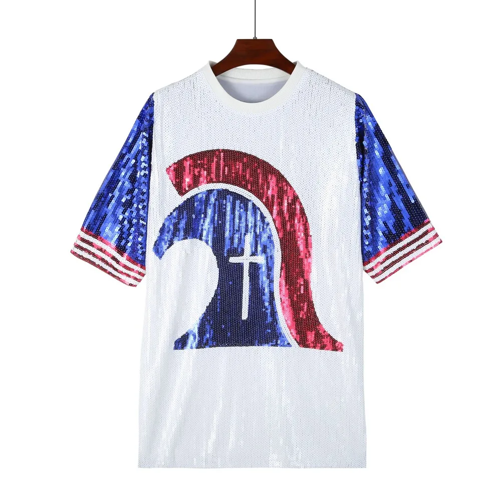 

Short Sleeved Contrast Color T-Shirt Summer New Sequin Loose Streetwear Hip Hop Fashion Letter Night Club Geometry Women's Tops